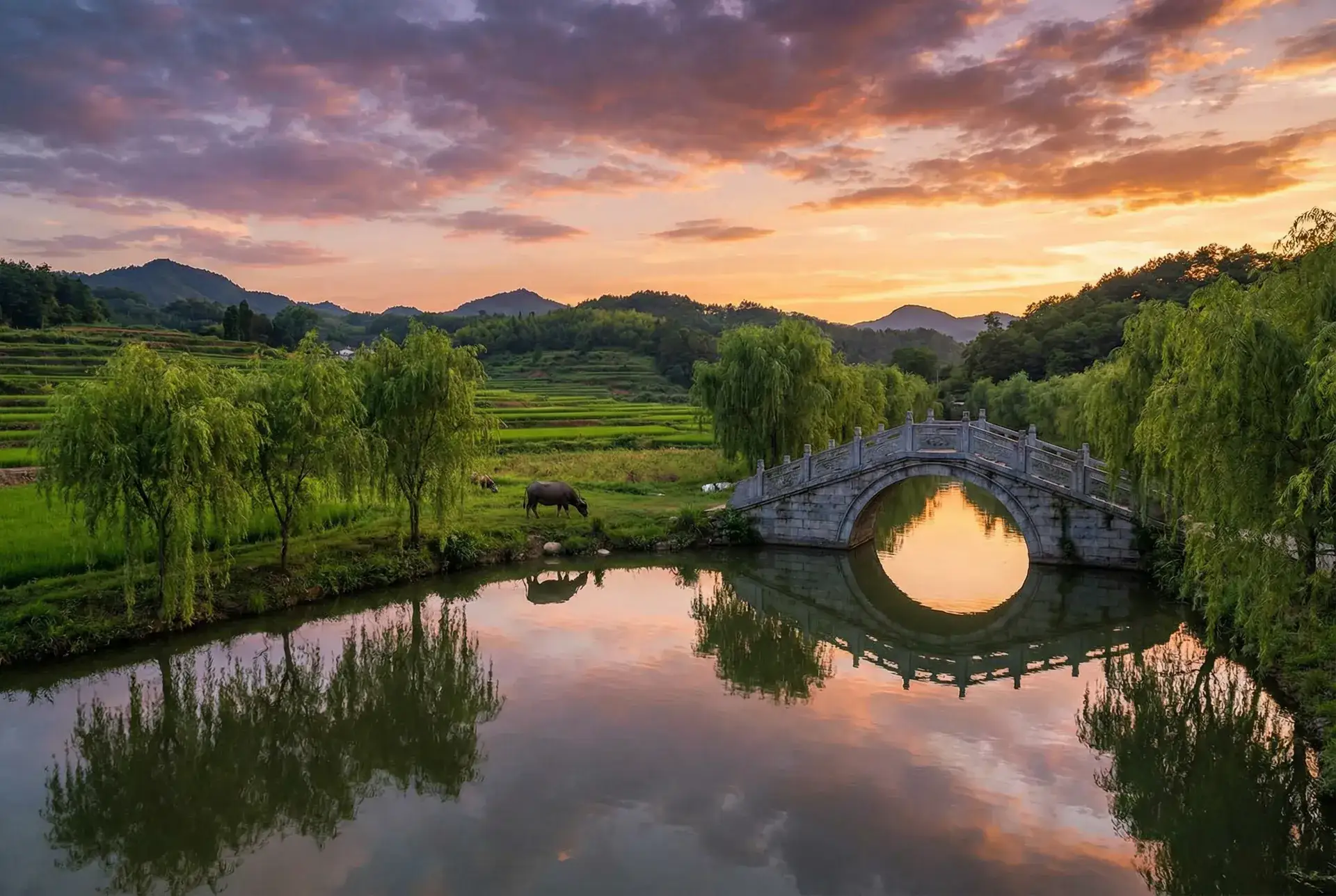 夕阳下的石拱桥与垂柳，水牛在河边吃草 - 川奈舞 乡村美景